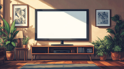Fototapeta premium Cozy living room showcasing a large TV surrounded by stylish plants