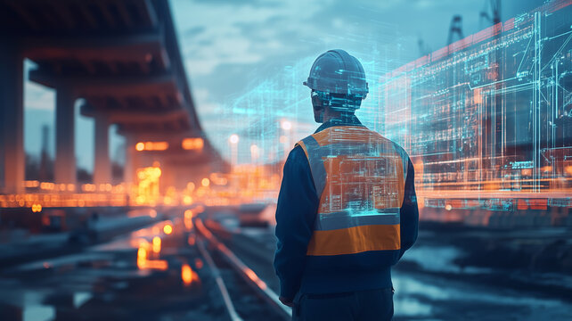 Civil engineer studies holographic data at a twilight construction site - Powered by Adobe