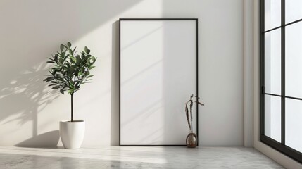 A minimalist living room with a large blank canvas, a potted plant, and a window with sunlight streaming in.