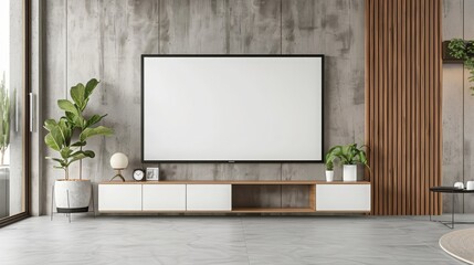 Modern living room interior with a large blank frame on the wall, perfect for showcasing your artwork or product.