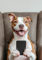 A Staffy Sitting on a Chair with a Smartphone