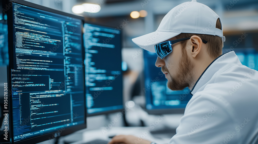 Poster Engineer designing cutting-edge AI system in a modern tech workspace