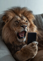 A Lion Sitting on a Chair with a Smartphone