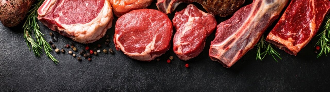 A variety of raw meats arranged on a dark surface, showcasing different cuts and textures.