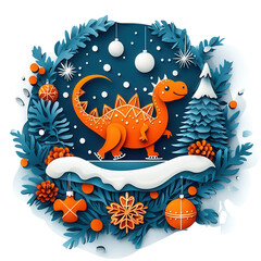 Fototapeta premium Colorful paper cut dinosaur enjoying a winter landscape decorated with snowflakes, trees, and festive ornaments.