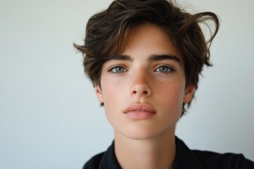 Portrait of an androgynous man on white background, Generative AI