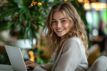 Cheerful young businesswoman using a laptop in a lobby, Generative AI