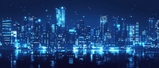 Fototapeta premium A vibrant digital cityscape at night, illuminated with blue lights and reflections.