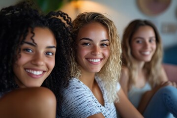 Fototapeta premium Girl friends at home watching television, Generative AI