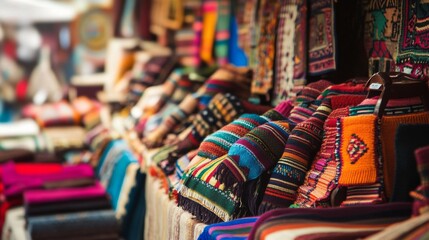 Fototapeta premium A global marketplace bustling with vendors selling handmade crafts from diverse cultures, Signifying economic empowerment and cultural exchange, photography style