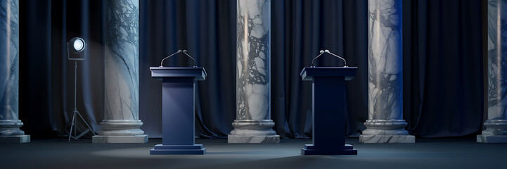 Two blue podiums with microphones in front of white marble columns and a dark blue backdrop  Formal event  debate  or political campaign   