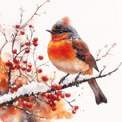 Colorful Bird Perched on Snowy Branch with Red Berries, Winter Serenity
