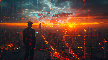 Businessman standing on rooftop watching world map and data connecting global business over illuminated cityscape at sunset
