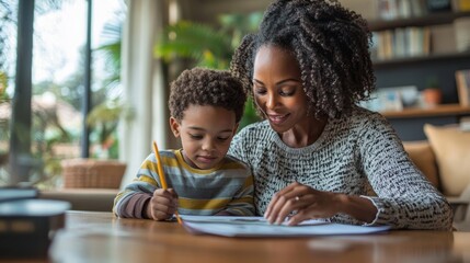 Mother homeschooling her son, Generative AI