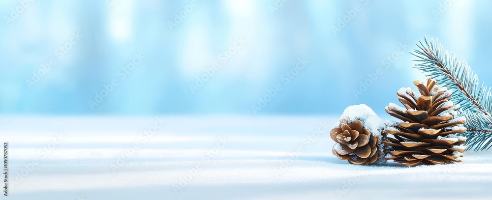 Poster an image of fir branches in hoarfrost and snow with cones. winter background. banner. free space for