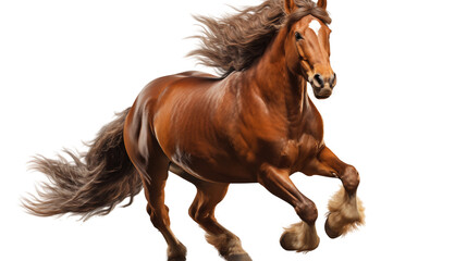 Obraz premium Graceful horse running in full view, isolated on white background, showcasing its strength and elegance.