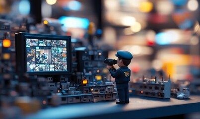 Security guard monitoring city with camera.