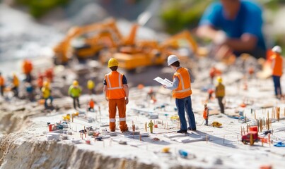 Miniature construction site with workers.