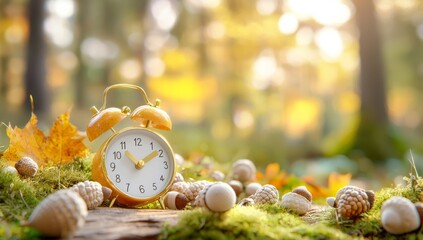 Outside, an alarm clock, acorns, and leaves of autumn decorate the table. Daylight saving time is over.