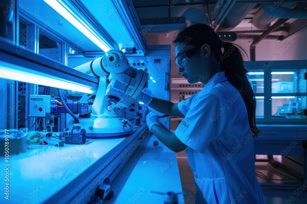 Poster female robotics researcher analyzing robotic arm in futuristic tech lab