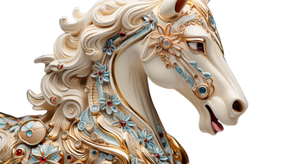 Beautifully detailed carousel horse head, emphasizing its nostalgic charm, set on a white background.