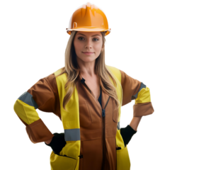 Confident female construction worker posing with hands on hips, transparent background