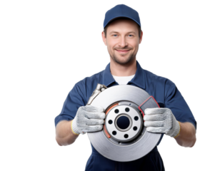 Mechanic holding brake disc and pads on transparent background