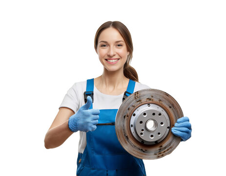 Female mechanic holding used brake disc and showing thumbs up on transparent background