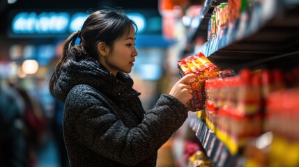 Naklejka premium Woman Shopping for Snacks in a Supermarket