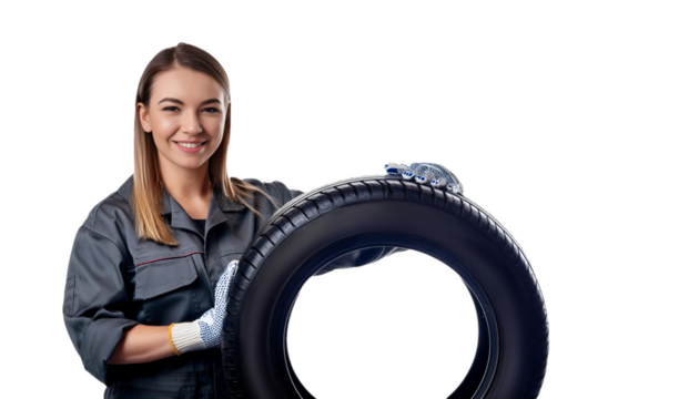 Female mechanic holding a tire on transparent background