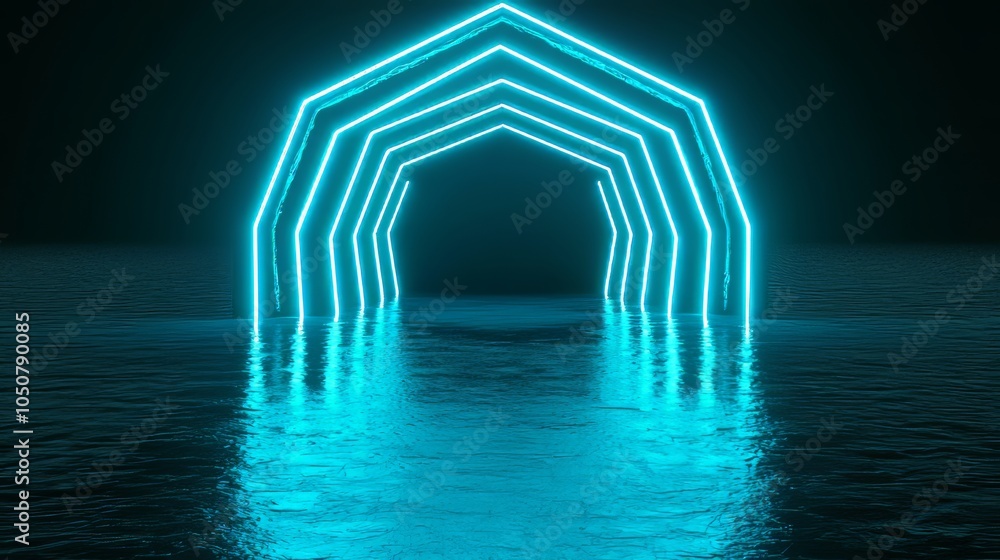 Poster here is a digital rendering of a glowing blue neon hexagon tunnel that has a reflective surface.