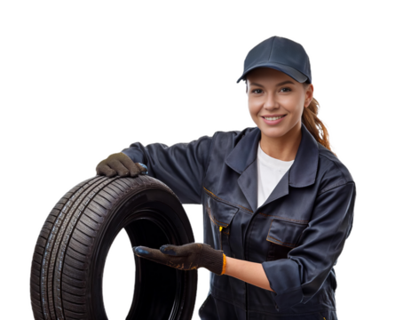 Female mechanic showing car tire on transparent background