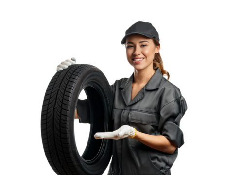 Female mechanic holding a tire and showing open hand on transparent background