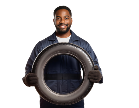 Smiling mechanic holding a tire on transparent background