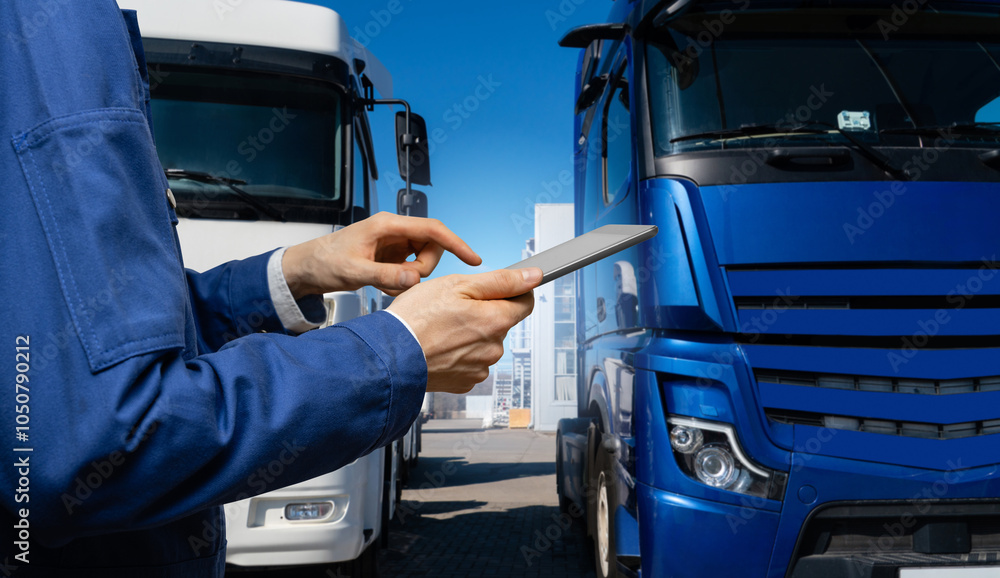 Poster fleet manager with digital tablet on a background of trucks