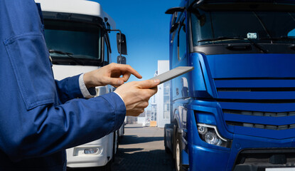 Fleet manager with digital tablet on a background of trucks