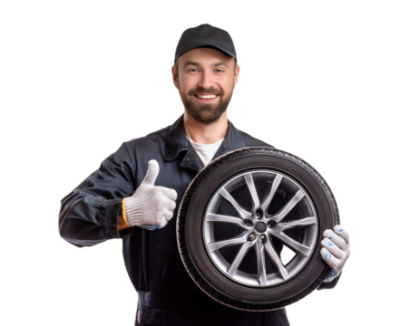 Smiling mechanic holding car tire and showing thumbs up on transparent background