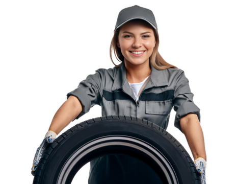 Smiling mechanic woman holding a tire on transparent background