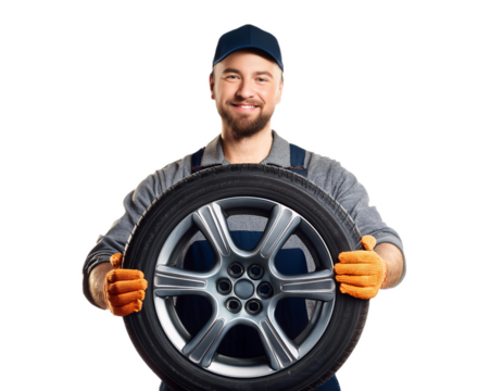 Smiling mechanic holding car wheel on transparent background