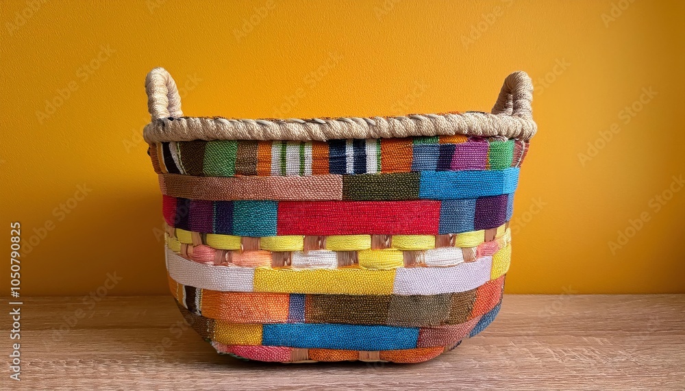 Poster handcrafted wicker basket with intricate multicolored fabric weaving on bold yellow background. perf