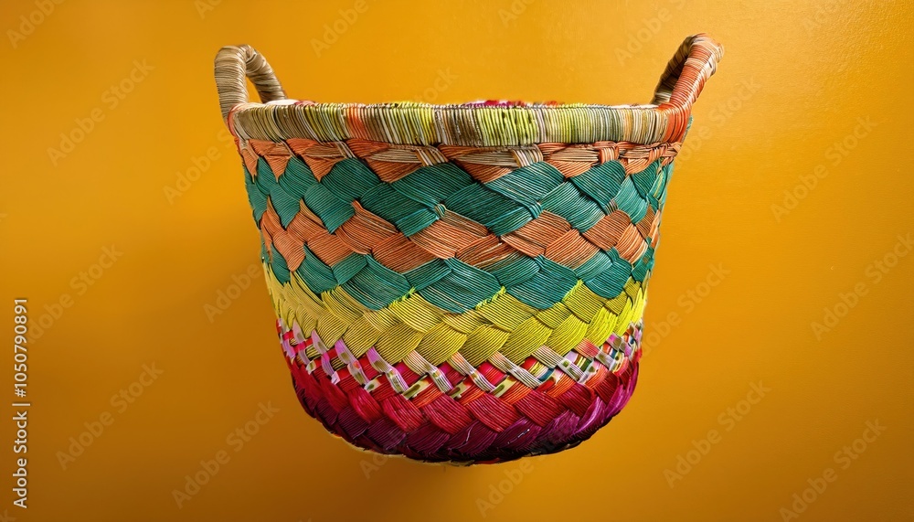 Poster handcrafted wicker basket with intricate multicolored fabric weaving on bold yellow background. perf