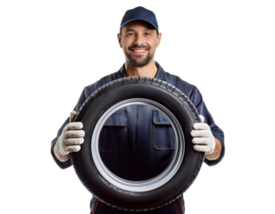 Smiling mechanic holding a tire on transparent background
