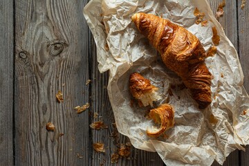 Fresh crispy french croissants on a wooden background. Traditional ruddy puff pastry (buns) for breakfast, delicious dessert.