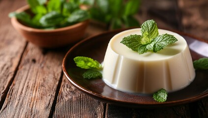 A plate of delicious panna cotta, a creamy white dessert made with milk and...