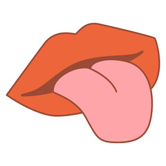 A mouth with lips and tongue.Groovy cartoon sticker with lips.Vector illustration.Isolated on white background.