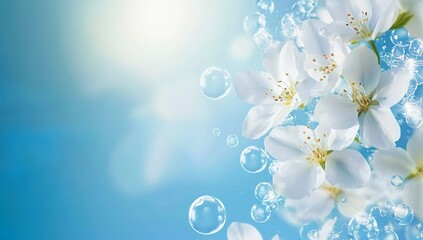 Blue background with white flowers and bubbles, a light blue gradient, a...
