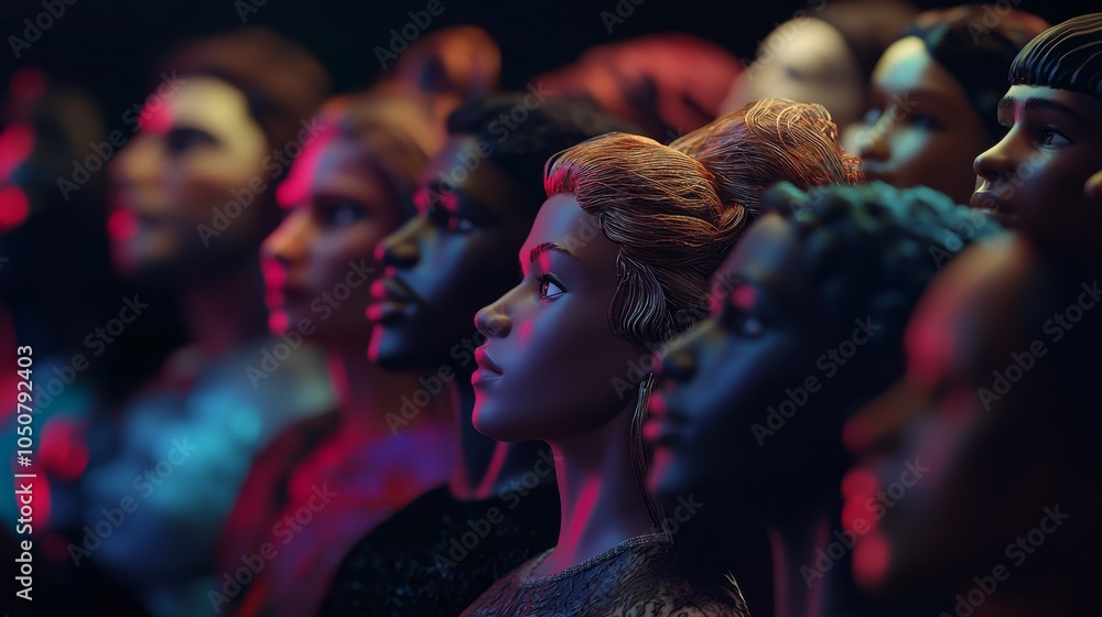 Poster a group of 3d models representing diverse gender identities against a softly blurred theater stage, 