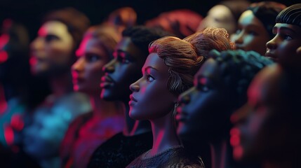 A group of 3D models representing diverse gender identities against a softly blurred theater stage, Signifying inclusivity in performing arts, photography style