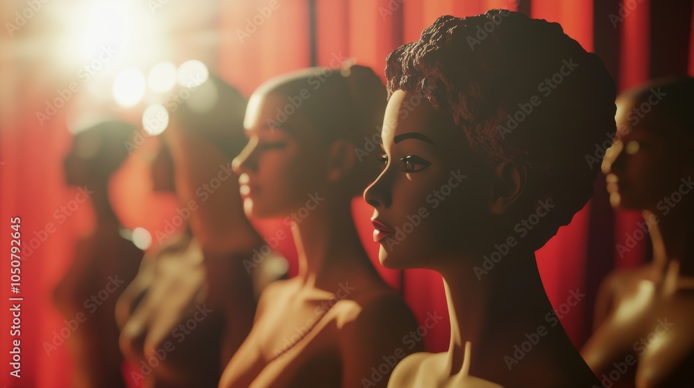 Poster a group of 3d models representing diverse gender identities against a softly blurred theater stage, 