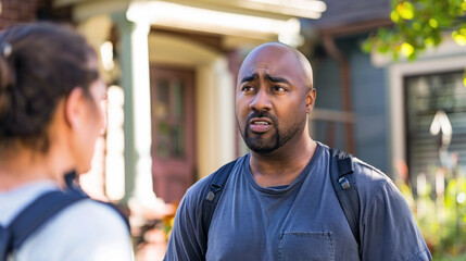 Fototapeta premium African American man conversing outside a residential building. Male, talking, suburban neighborhood.